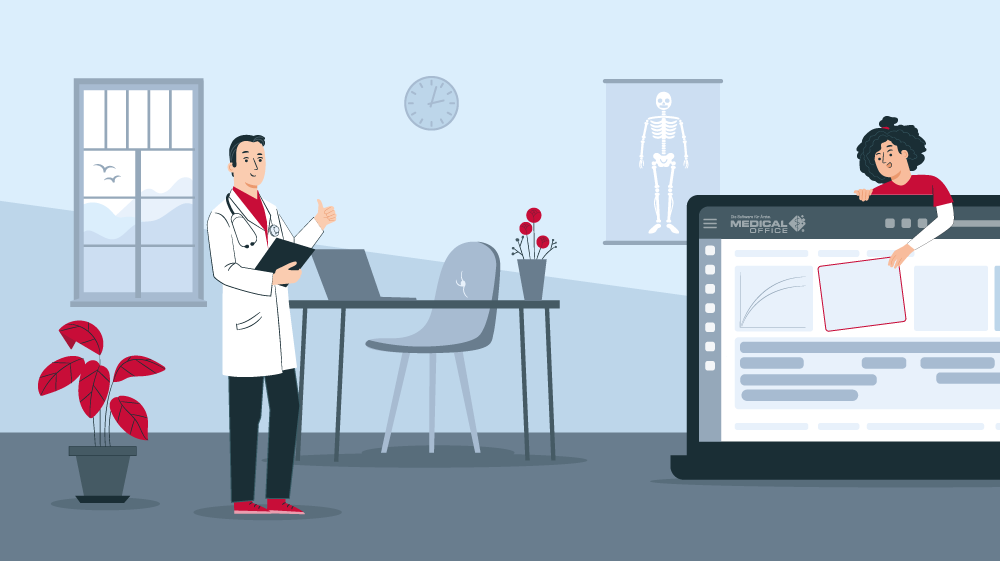 Arzt und Praxismitarbeiterin mit der Praxissoftware MEDICAL OFFICE von INDAMED
